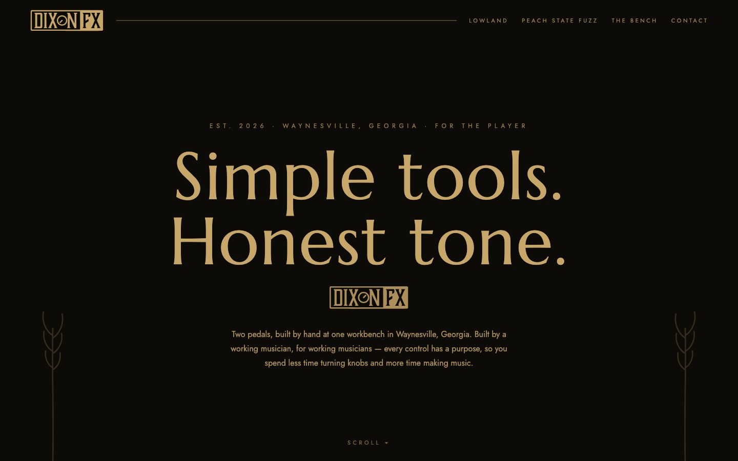 Dixon FX Pedals website — dark and gold landing page for a boutique guitar pedal builder